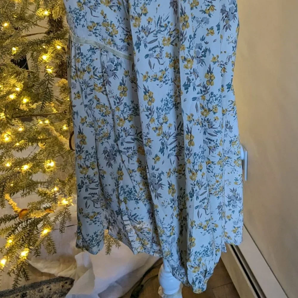 Umgee NWT flowy floral yellow babydoll blouse tie velvet trim S loose T2 - Picture 3 of 5